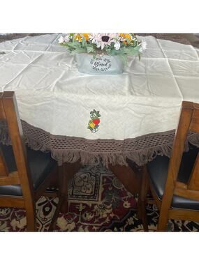 Adorable  Round Tablecloth Embroidered Strawberries 72” Diameter Vintage